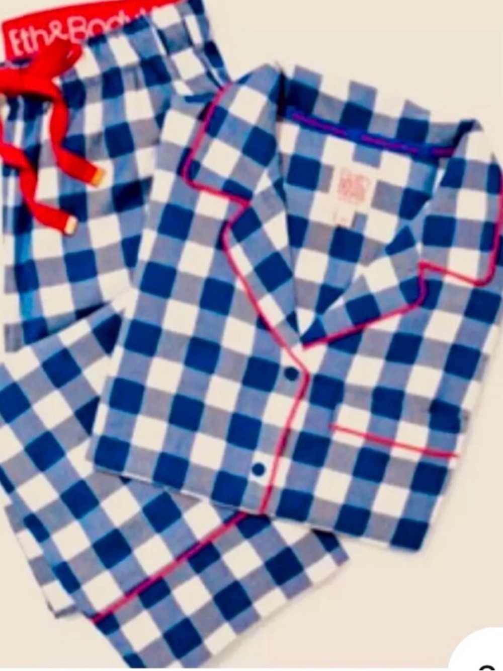 Bath & Body Works Blue & White Gingham Kids Pajama Set with Red Trim- NWT